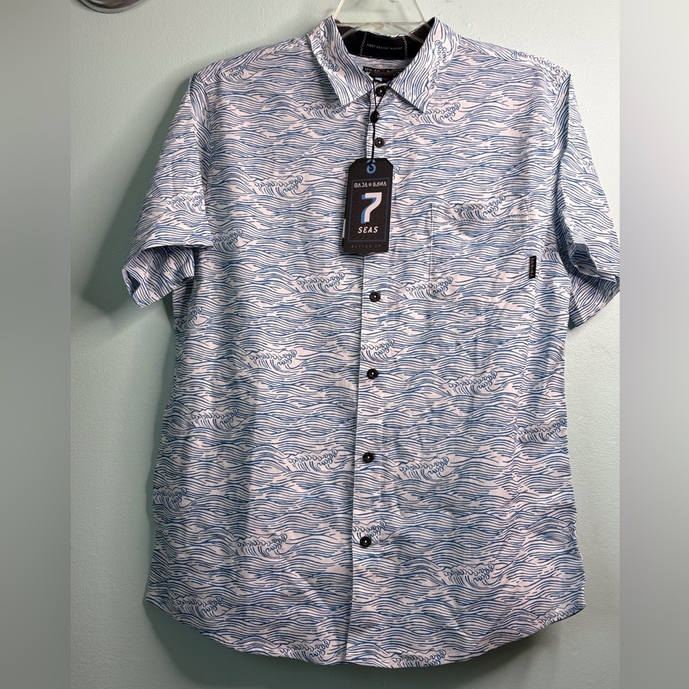 Baja Llama “7 Seas” Button-Up Shirt – Teal Waves Pattern, Size Large (NWT